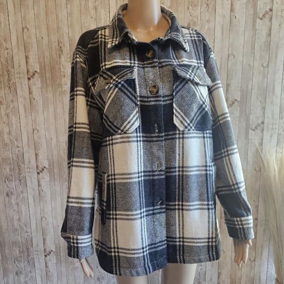 Member's Mark Women's Relaxed Fit Button Front Plaid Shacket Black And White M - Picture 1 of 9